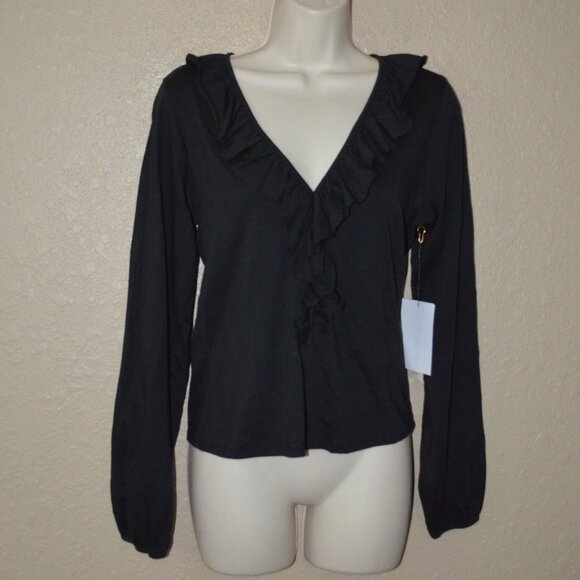 NWT $138 Sz XS Nation Los Angeles Black Giorgio V-Neck Flounce Blouse Top - Picture 2 of 9
